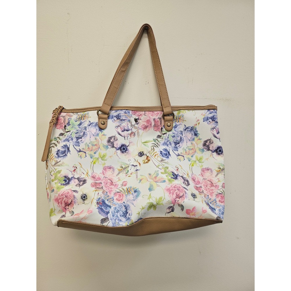 Elliot Luca Floral Tote Bag White Pink Blue Tan Faux Leather Trim Large Shoulder